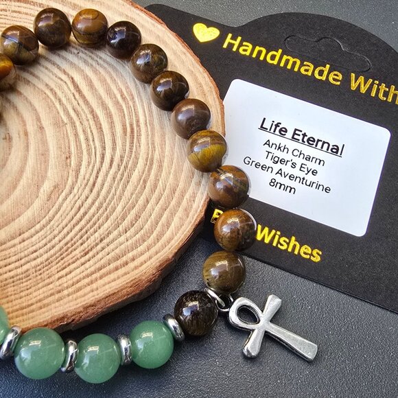 Handmade ✦ Life Eternal Bracelet ✦ Ankh Charm Tiger’s Eye Green Aventurine 8mm - Picture 3 of 7